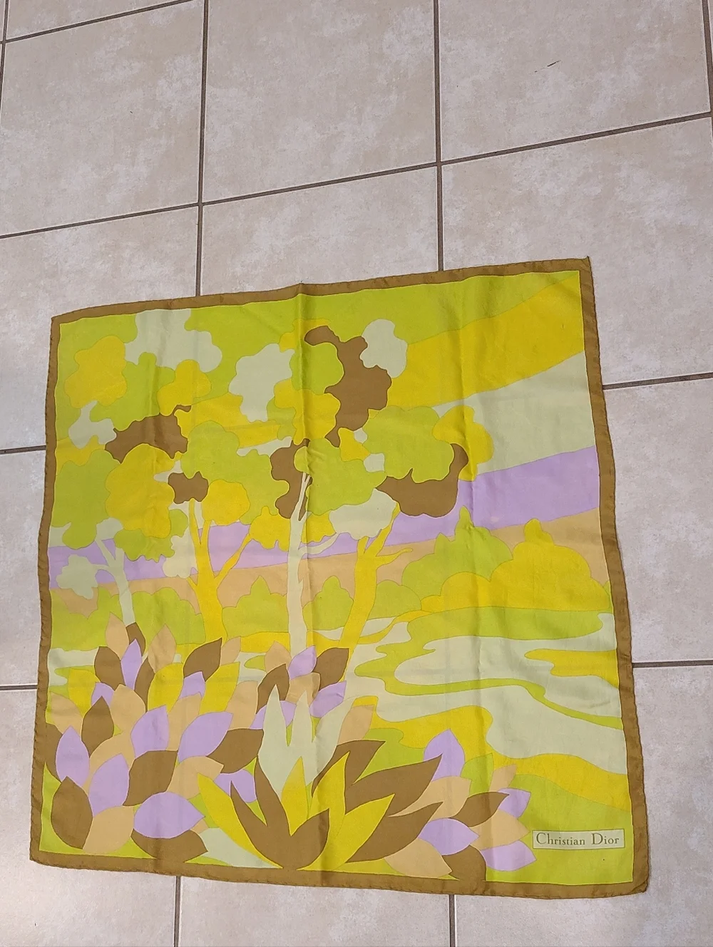 Christian Dior Vintage Floral Silk Scarf Brown Green Yellow Lavender Luxe